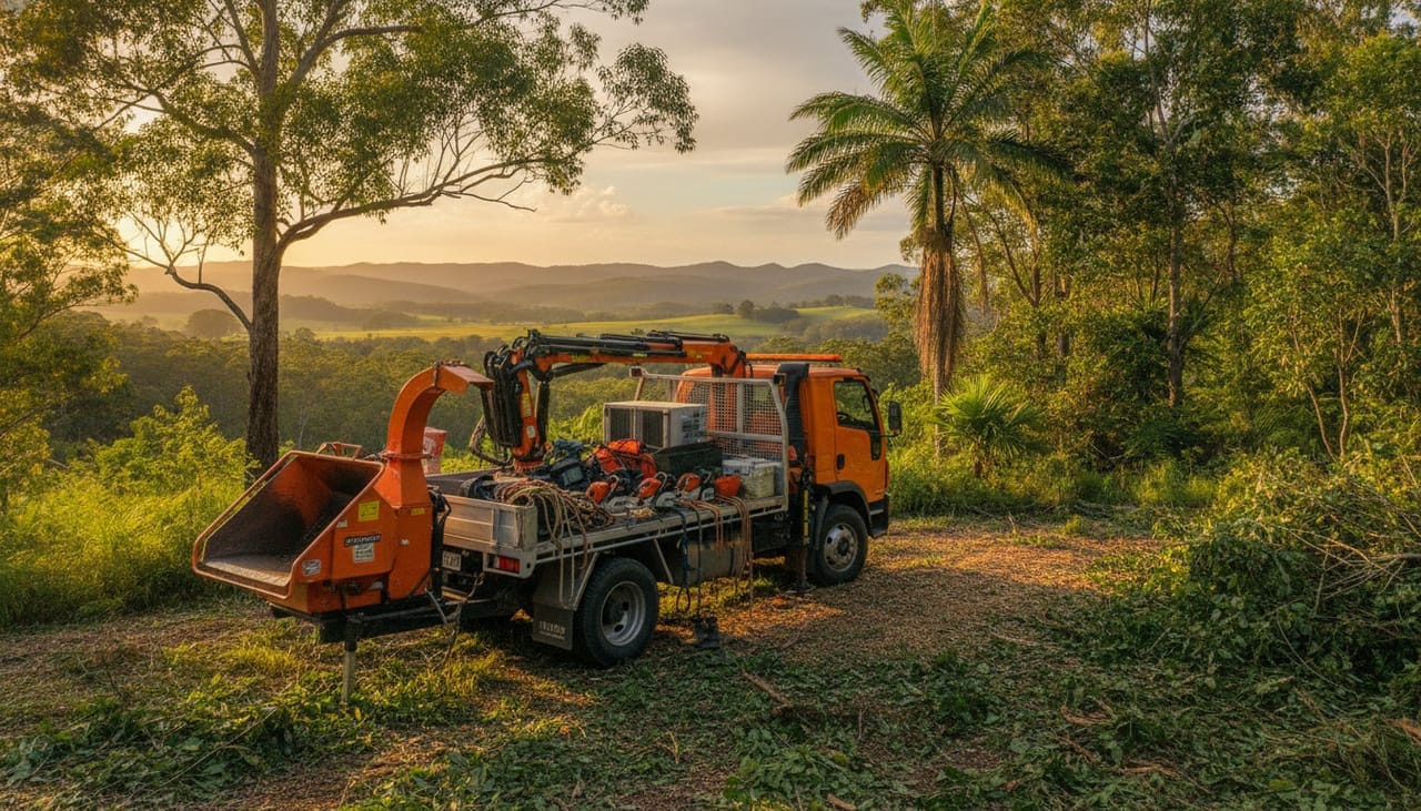 Yarra Ranges Foothills Arborist work truck and wood chipper on site in the Yarra Ranges Foothills